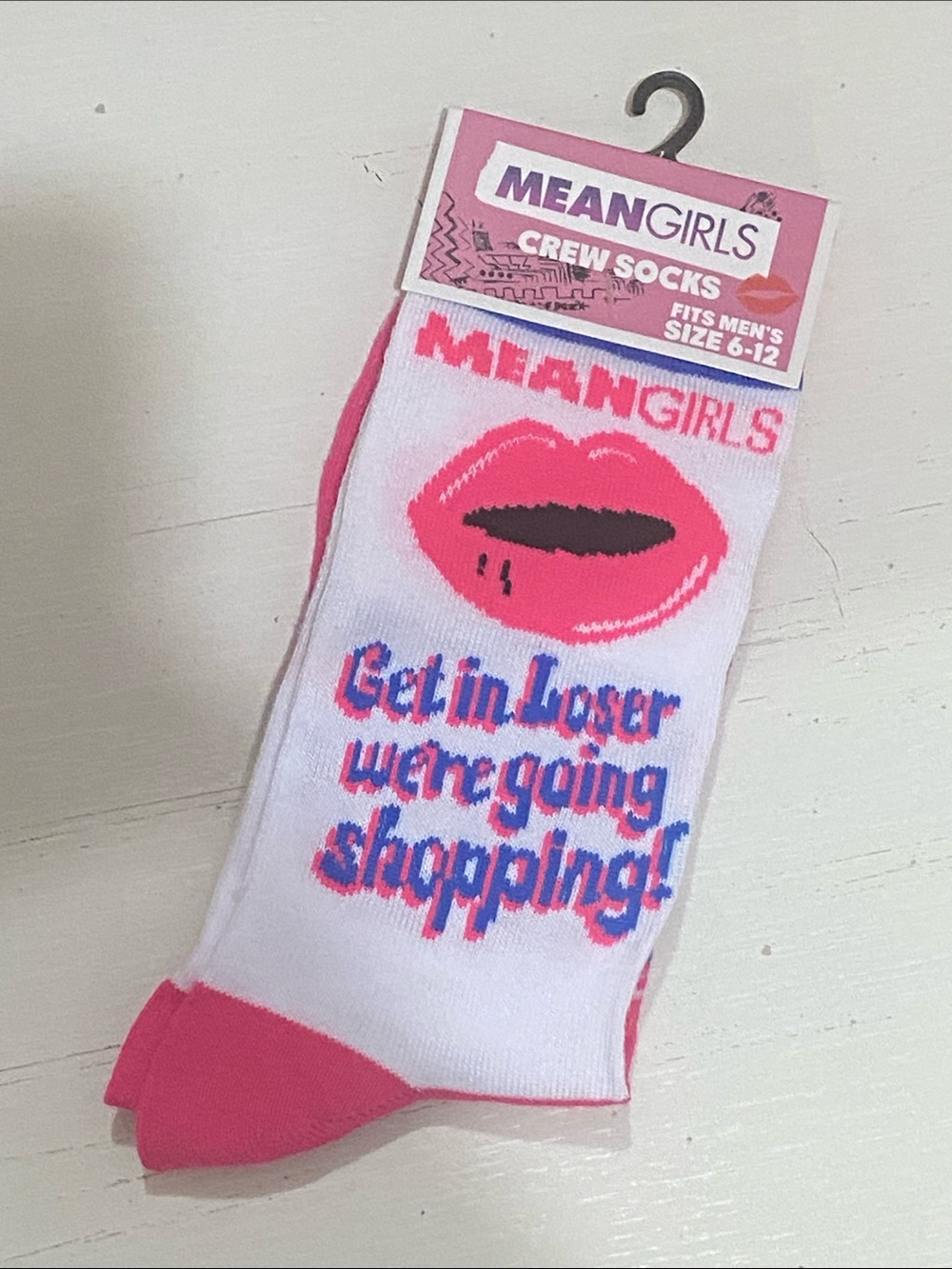 Mean Girls Men’s White & Pink Crew Socks - 'Get in, Loser' Graphic
